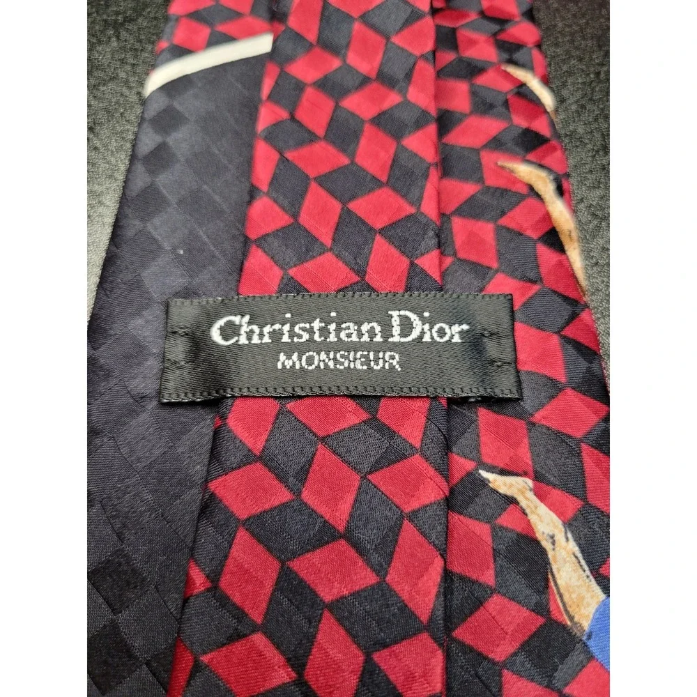Christian Dior Mens Necktie Red Black Geometric Pinup Silk 4x58 Excellent